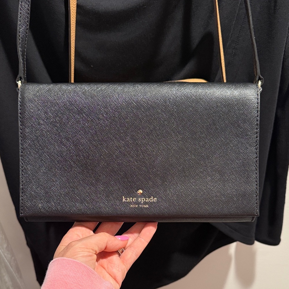 Kate Spade Black Saffiano Crossbody Clutch with Polka Dot Lining